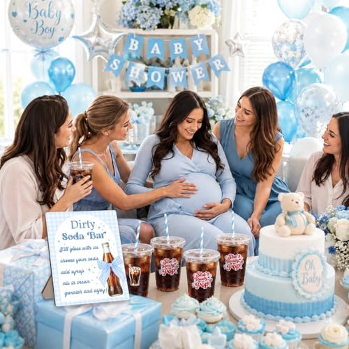 50 Pcs 12 oz Disposable Plastic Cups with Bar Sign – "She's Ready to Pop" Baby Shower Cups with Straws for Soda Theme, Gender Reveal, Pregnancy Announcement, Weddings, Bachelorette Parties (Blue) - Image 4
