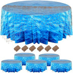 Oudain 12 Pcs Ocean Waves Plastic Round Tablecloth 84 Inch with Fish Net Ocean Waterproof Water Under The Sea Theme Table Cover for Mermaid, Baby Shower, Birthday Party (Blue) by Oudain