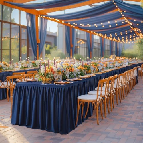 Navy Blue Polyester Table Skirt for Rectangle Tables 6ft, Wrinkle Free Pleated Ruffle Fitted Table Cover 6ft Stretch Tablecloths with Skirt for Parties Weddings Birthday Banquet Baby Shower - Image 6
