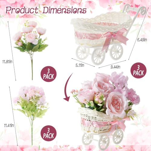 3 Set Rattan Baby Carriage Floral Arrangement with Bouquet for Baby Shower Table Centerpiece Stroller for Gender Reveal Party Decor Favor - Image 2