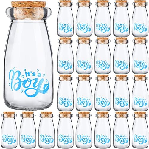 24 Pieces It's a Boy Baby Shower Party Favors Vintage Milk Favor Jars DIY Glass Milk Jars Bottles Blue Mini It's a Boy Sports Baby Shower Bottles with Cork for Guests Gender Reveal Centerpiece Decor by Nuogo