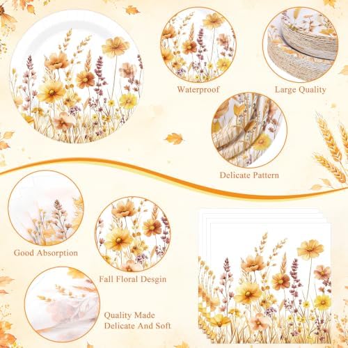 Pickmesh 400 Pcs Fall Floral Plates and Napkins Set for 50 Guests - Image 3