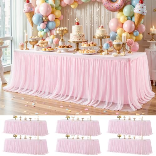 Wish Care 6 Pack Pink Tulle Table Cloth for Rectangle Tables 8FT Ruffle Tutu Stretch Fitted Tablecloths Wrinkle Free Tulle Tutu Skirt Table Cover for Party Wedding Girls Birthday Baby Bridal Shower by WishCare