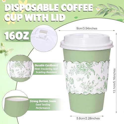 48 Set 16oz Sage Green Disposable Coffee Cups with Lids & Sleeves, White Floral Wildflowers Paper Drinking Cups for Wedding Bride Baby Shower Party - Image 2