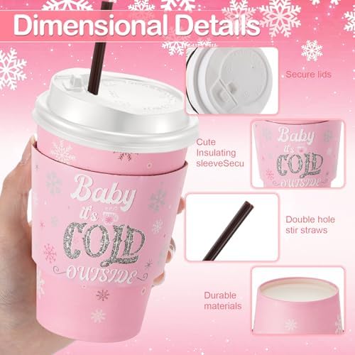 Yungyan 50 Sets 16 oz Cold Coffee Cup Sets with Lids Sleeves, Pink,White - Image 2