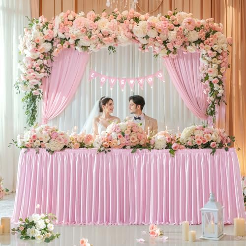 Wish Care 21ft Pink Satin Long Table Skirt for Rectangle Tables Wrinkle Free Teacher Desk Skirt Glitter Ruffle Table Skirting Cloth for Back to School Classroom Office Girls Birthday Party Table Decor - Image 4