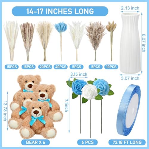 4 Sets 125 Pcs Bear Baby Shower Table Centerpiece with Bear Stuffed Animals Blue Dried Pampas Grass Artificial Flower Plastic Vase for Boho Wedding Bridal Reveal Birthday Baby Shower Decor - Image 2