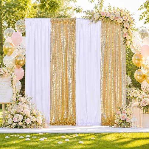 Wedding Backdrop Curtain 10ftx10ft - Gold Sequin and White Satin Drapes - Image 6