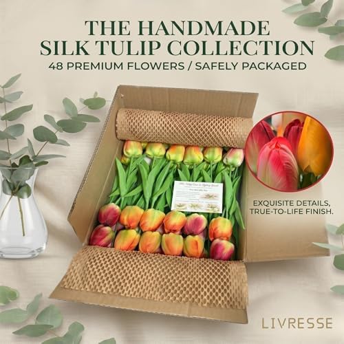 Orange Artificial Tulips for Vase, 48 Faux Tulip Flowers for Fall Centerpiece, Autumn Home Decor, Thanksgiving Table Arrangement & Rustic Farmhouse Decorations - Image 4