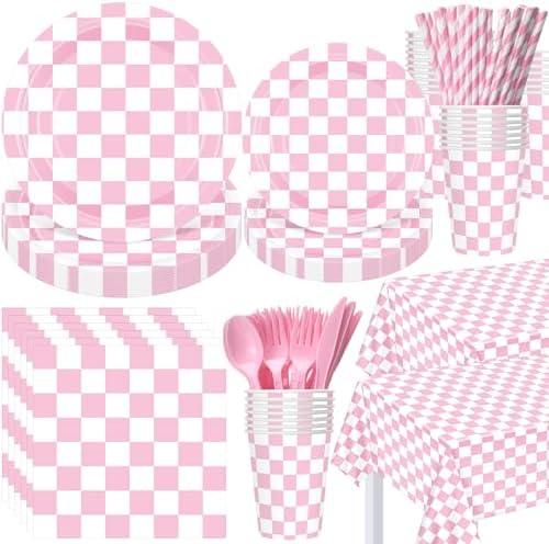 Funnymoom 452 Pcs Light Pink and White Gingham Party Supplies for 50, Pink Checkered Gingham Paper Plates Napkins Cups Tablecloth Cutlery Straws for Picnic Camping Birthday Baby Shower Decoration by Funnymoom