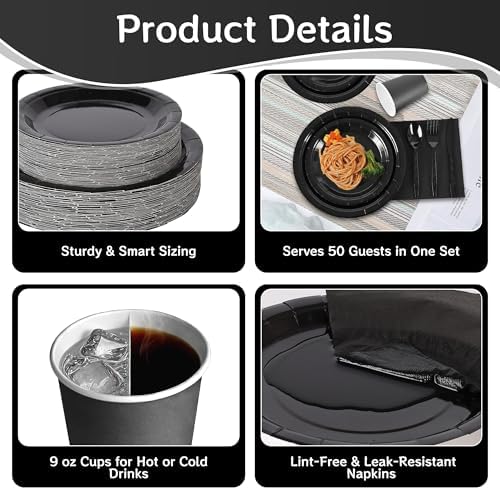 350 Pcs Black Disposable Plates and Napkins Tableware Set for 50 Guests - Image 6