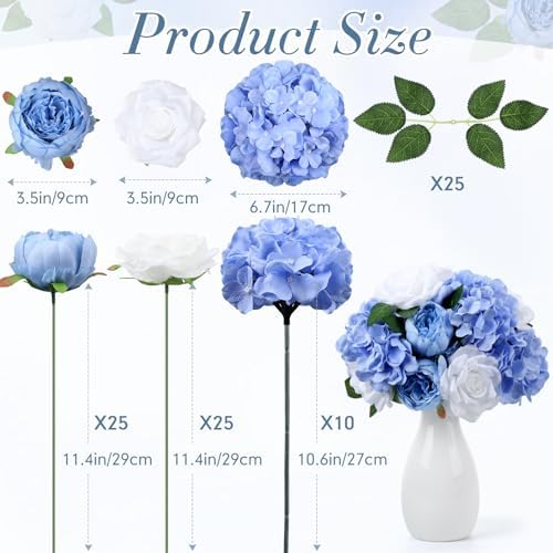 Suncalla 60 Pcs Assorted Silk Artificial Flowers, Faux Fake Full Hydrangea Peony Rose Bouquet with Leaf Stem for Wedding Centerpiece Bridal DIY Craft Baby Shower Party Decor(Blue) - Image 2