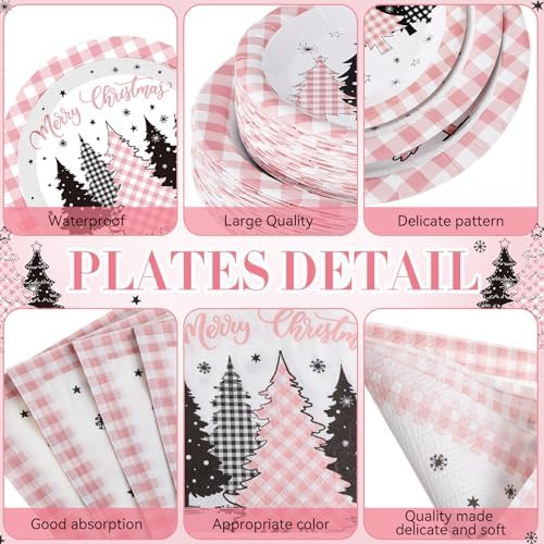 Funnymoom 452 Pcs Pink Christmas Party Decoration for 50, Buffalo Plaid Gingham Pink Xmas Tree Paper Plates Napkins Cups Tablecloth Cutlery Straws for Friendsmas Holiday Baby Shower Party Supplies - Image 2