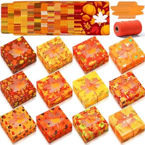 Blulu 120 Sets Thanksgiving Bakery Boxes Bulk with Window 5x5x3 Inch Fall Food Containers Gifts Boxes with Maple Tags and Rope for Fall Holiday Cookie Cupcake Goodie Candy Treat Package Party Favors by Blulu