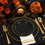 SUT 350-Piece Black and Gold Disposable Plates - Elegant Plastic Dinnerware for 50 Guests, Includes Cups & Napkins | Durable Leak-Proof Design for Weddings, Birthdays, Holidays - Image 2