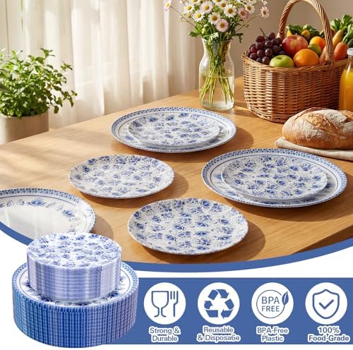 LIYH 60Pcs Blue White Floral Plastic Plates Dinnerware Set for Wedding - Image 3