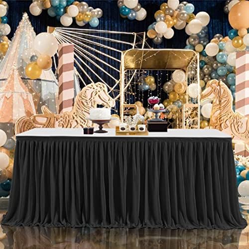 12ft Black Table Skirts for Rectangle Tables Polyester Table Skirt Desk Skirts Ruffle Tablecloth Skirt for Birthday Party Banquet Black Theme Party Wedding Bridal Shower Table Decorations - Image 2