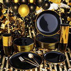 ejonirinjonir 180pcs Elegant Black Plastic Plates for Wedding, Gold Trim - Image 3