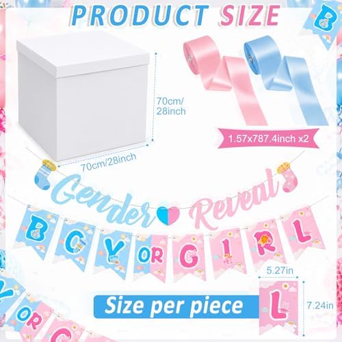 VercanMonth 28 Inches Giant Gender Reveal Gift Box with Lid Kit Extra Large White Gift Box with Boy or Girl Party Banner and Blue Pink Ribbons for Gender Reveal Birthday Party Baby Shower Decor - Image 2