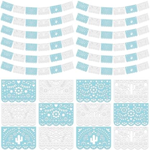 Tiamon 12 Pack Mexican Party Decorations Plastic Papel Picado Banner Garland Waterproof Cielito Lindo Decor for Baby Shower Day of The Dead Wedding Cinco De Mayo Outdoor Decor (Blue White) by Tiamon