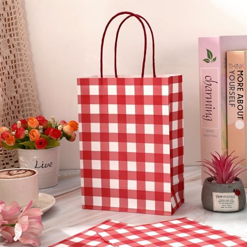 JarThenaAMCS 100Pcs Christmas Red White Checkered Kraft Paper Bag With Handles Gingham Treat Gift Bags Candy Goodie Bag for Baby Shower Birthday Party Favors Supplies - Image 6