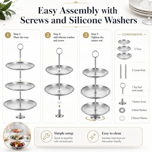 YOUNTHYE 2 Pack Silver Cupcake Stand, 3 Tier Stainless Steel Tiered Serving Tray, Dessert Display Stand for Cupcakes, Cookies, Fruit, Wedding, Birthday, Tea Party and Holiday Table - Image 3