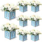 8 Set Baby Shower Centerpieces for Tables - 6 inch Wooden Boxes with Baby Letters Rustic Cube Planter Wood Blocks for Gender Reveal Party Favor (Blue) by ACMEE