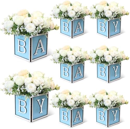8 Set Baby Shower Centerpieces for Tables - 6 inch Wooden Boxes with Baby Letters Rustic Cube Planter Wood Blocks for Gender Reveal Party Favor (Blue) by ACMEE