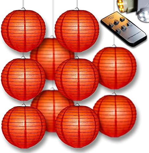 PaperLanternStore.com 10" Red Paper Lantern Party Pack with Remote Controlled LED Lights (10-Pack Combo Kit) by Fantado+Party+%26+Event+Lighting