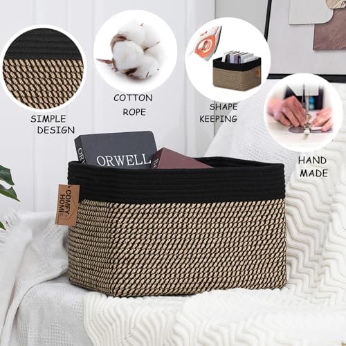 COMFY-HOMI 3PACK Cotton Rope Square Basket with Handles for Shelves|Dog Toy Bin and Storage|Baby Gift|Shoe Organizer|New 13.5" x 11" x 9.5" for Living Room (Black/Jute) - Image 5