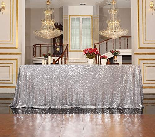 SquarePie Sequin Tablecloth 90x132 Inch Silver for Disco Wedding Party by SquarePie