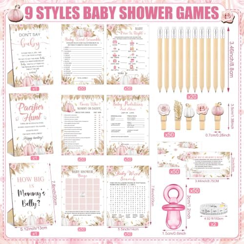Sherr 476 Pcs Pink Pumpkin Baby Shower Game, 9 Style Baby Shower Activities - Image 3