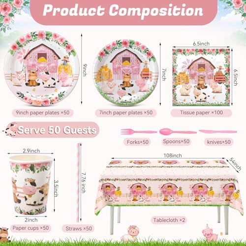 Ceenna 452 Pcs Pink Farm Animal Birthday Party Decoration for 50 Guest, Pink Farm Barnyard Paper Plates Napkins Cups Tablecloth Cutlery Straw for Baa Moo Im Two Birthday Baby Shower Party Supply - Image 2