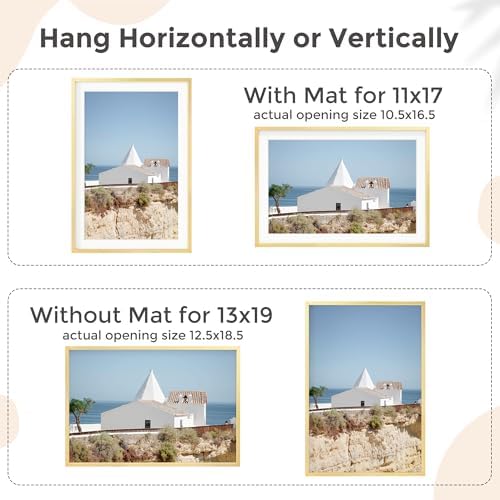 FLYJOE 13x19 Metal Picture Frame for Wall With Mat for 11x17, 13''x19'' Aluminum Photo Frames With Tempered Glass for Home Decor, Minimalist Modern Poster Frame Horizontal And Vertical Formats, Gold - Image 4