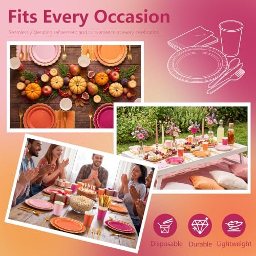 Kochorie 336PCS Pink & Orange Disposable Dinnerware Set Serves 48 Guests - Image 5