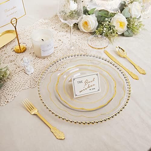 NOCCUR 50Guest Gold Rim Clear Plastic Plates&Disposable Silverware Cups-Include 100Plastic Plates, 150Gold Utensils, 50Cups and 50Napkins-Idea for Wedding/Party - Image 5