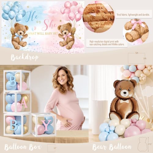 Bear Gender Reveal Decorations, He or She Baby Gender Reveal Party Decoration, Boy or Girl Bear Theme Party Supplies, Backdrop BABY-Box Tablecloth Mom to Be Sash Dad to Be Pin Balloon Arch - Image 5
