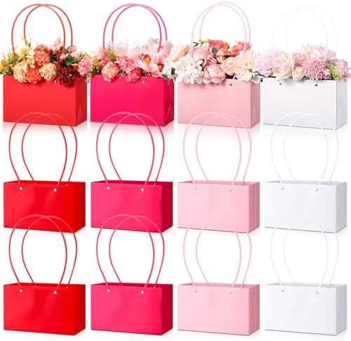 Geyoga 12 Pcs Flower Bags Boxes for Arrangements Kraft Paper Floral Wrapping with Handle Waterproof for Graduation Mother's Day Anniversary Fresh Flowers Bouquets Gift Bags(4 Colors) by Geyoga