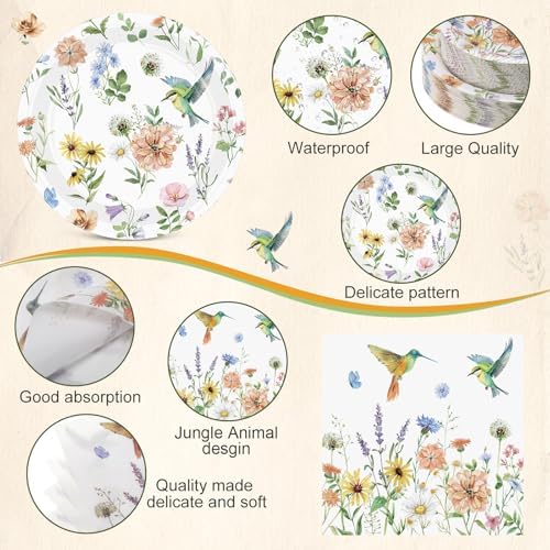 Pickmesh 250 Pcs Spring Wildflower Decoration Floral Hummingbird Themed Disposable Paper Plates Napkins and Cups Dinner Tableware for Birthday Party Dinnerware Birthday Baby Shower Tea Party Supplies - Image 3