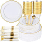 Hioasis 350 Pcs White and Gold Plastic Plates for Wedding & Party by Hioasis