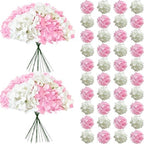 50 Pcs Faux White Pink Hydrangea Artificial Flowers Bulk, Fake Silk Hydrangea Flowers Heads with Stems for Wedding Decorations Garden Party Baby Shower Porch Home Decor Table Centerpieces by Cherica