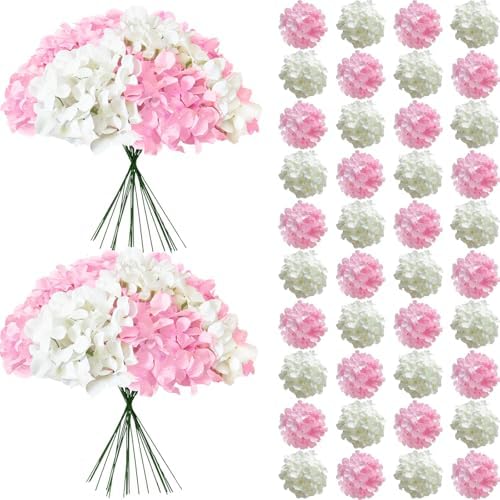 50 Pcs Faux White Pink Hydrangea Artificial Flowers Bulk, Fake Silk Hydrangea Flowers Heads with Stems for Wedding Decorations Garden Party Baby Shower Porch Home Decor Table Centerpieces by Cherica