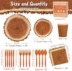 400 Pieces Camping Wood Grain Slice Party Supplies Set Paper Plate Cup Napkin for Camping Woodland Baby Shower Lumberjack Birthday Featuring a Round Wooden Slice Die Cut Edge Design Serve 50 - Image 2