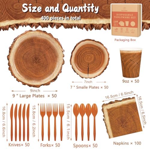 400 Pieces Camping Wood Grain Slice Party Supplies Set Paper Plate Cup Napkin for Camping Woodland Baby Shower Lumberjack Birthday Featuring a Round Wooden Slice Die Cut Edge Design Serve 50 - Image 2