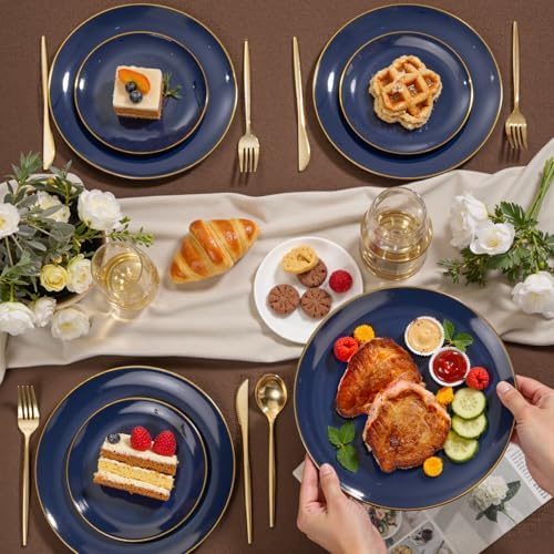 bUCLA 200PCS Blue Plastic Plates - Navy Blue Disposable with Gold Rim Include 100 Each (10 inch Dinner & 7 inch Dessert) Plates, Ideal for Party & Labor Day - Image 5