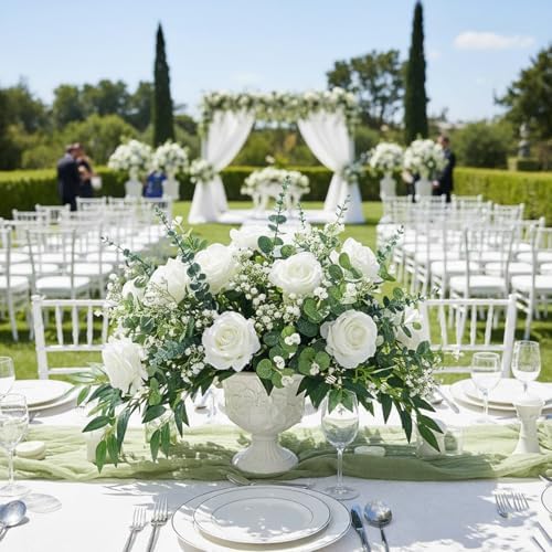HUAHUA Mixed Artificial Eucalyptus Leaves Stems Bulk,Fake Greenery Plants Faux Silver Dollar Eucalyptus Leaves for DIY Bouquets Centerpiece Floral Arrangement Home Wedding Decor (120, Green/White) - Image 3