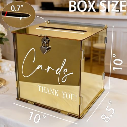 Gold Acrylic Card Box with Lock & Slot, Classy Golden Wedding Card Boxes for Reception, Luxury Monetary Envelope Gift Box for Party Graduation Birthday Anniversary Baby Shower All Occasions - Image 2
