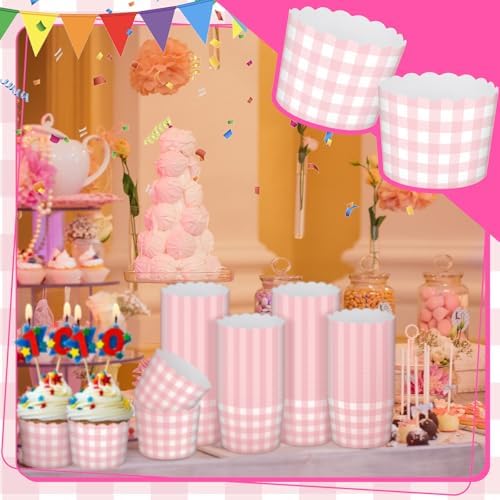 Vesici 150 Pcs Ice Cream Cups Gingham Party Supplies, 10 oz, Pink - Image 5