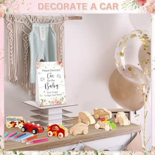 Hiboom 75 Pcs Baby Shower Wood DIY Print Car Set, Pink, Flower - Image 6