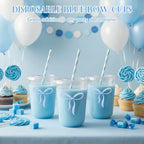 LemonRoad 100sets 16oz Blue Bow Cups Blue Birthday Party Decorations Supplies Cute Plastic Cups Disposable with Lids and Straws, for Valentines Galentines Day Christmas Wedding Baby Shower Decorations - Image 5